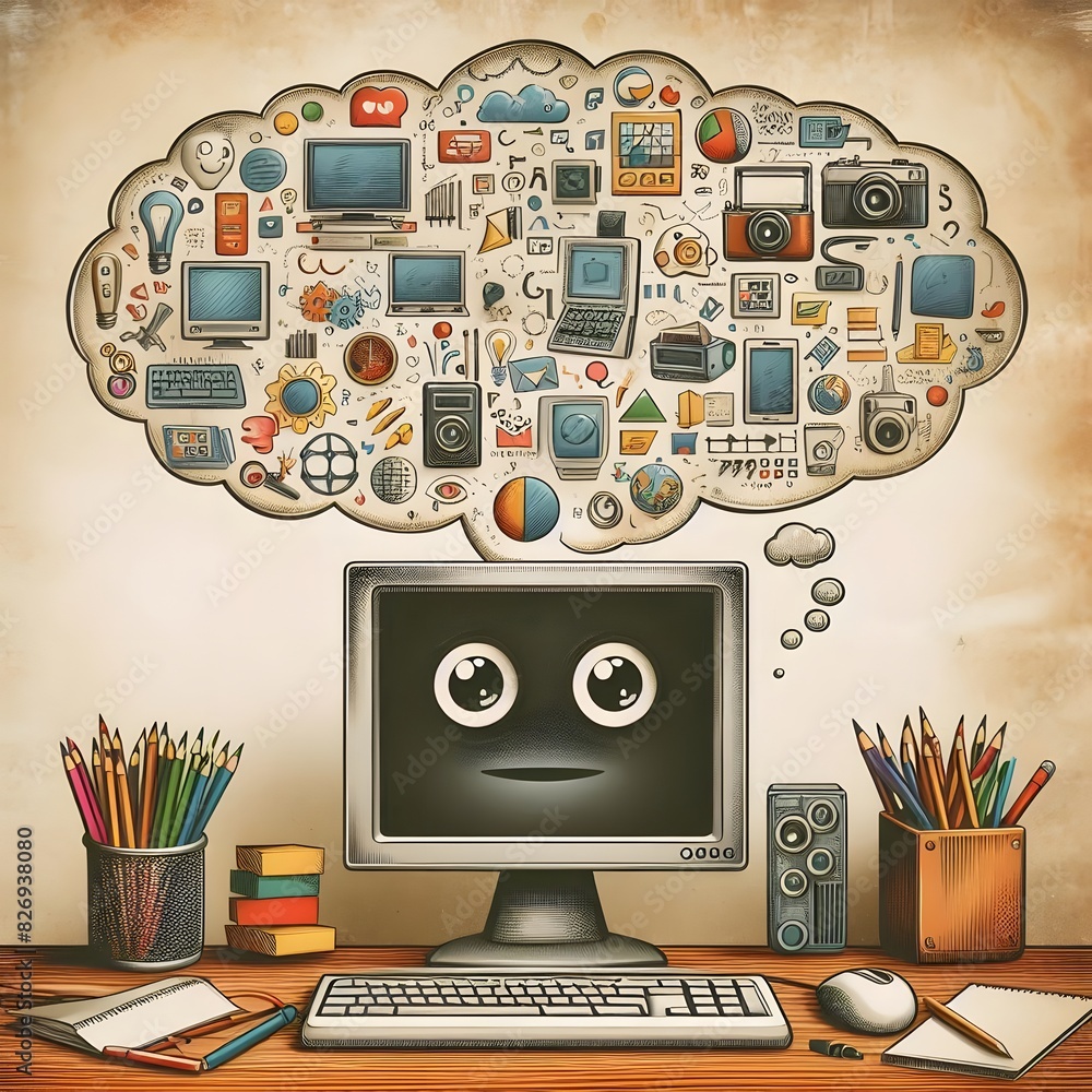 Poster a computer monitor with anthropomorphic features, such as expressive eyes on the screen generated by