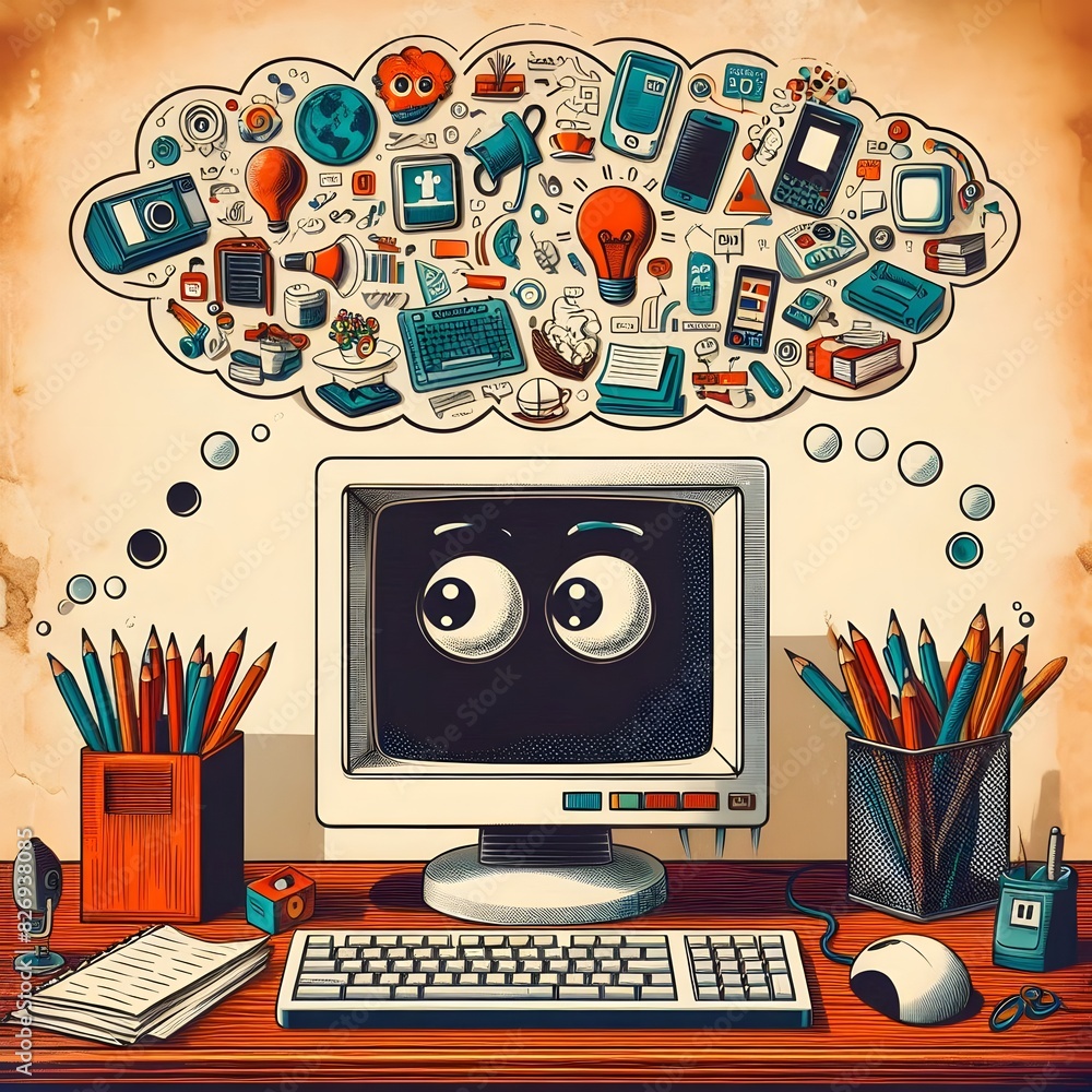 Poster a computer monitor with anthropomorphic features, such as expressive eyes on the screen generated by