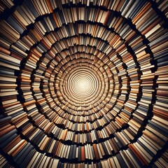A circular tunnel-like structure composed of numerous books with their spines facing outward creates a visually captivating pattern that draws the eye toward the center of the tunnel generated by ai