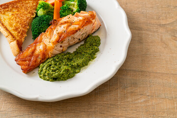 grilled salmon steak with pesto sauce
