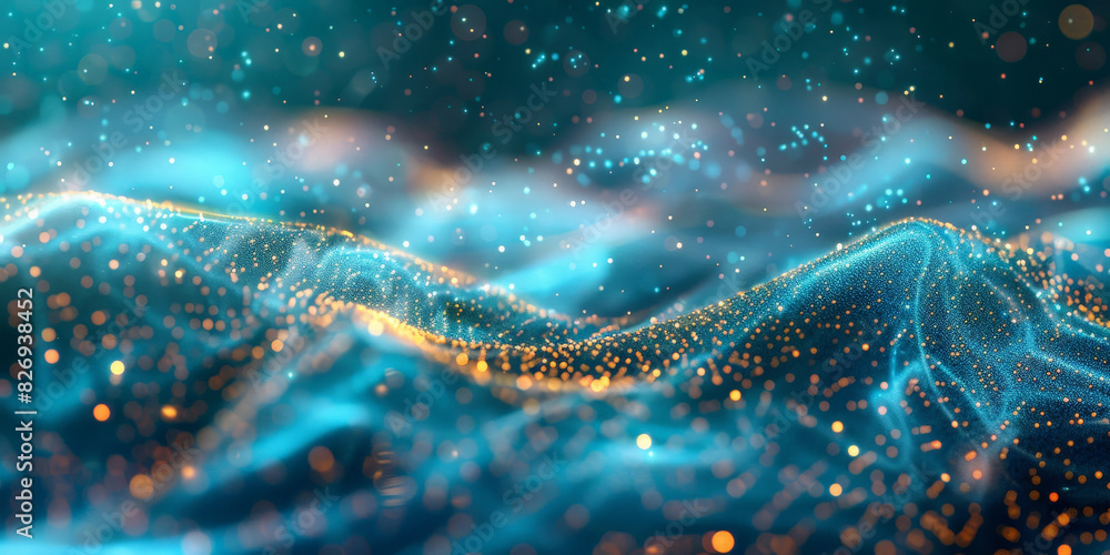 Poster 3d dark green blue neon lines wave dots representing digital binary data. concept for big data, deep