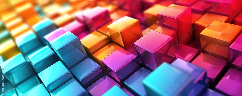 Poster a 3d abstract background with a grid of floating, rotating cubes in different colors