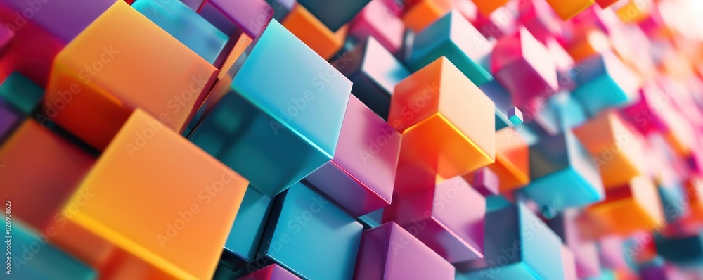 Poster a 3d abstract background with a grid of floating, rotating cubes in different colors