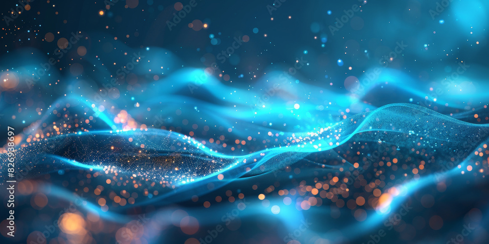 Poster 3d dark green blue neon lines wave dots representing digital binary data. concept for big data, deep