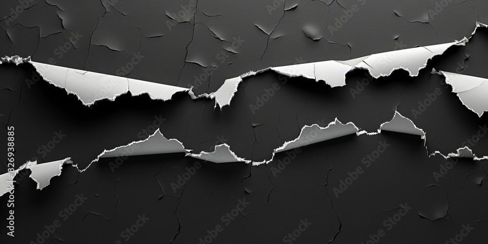Poster a black background with ripped paper edges,torn black paper revealing a dark background creating a d