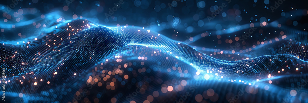 Poster 3d dark blue neon lines wave dots representing digital binary data. concept for big data, deep machi
