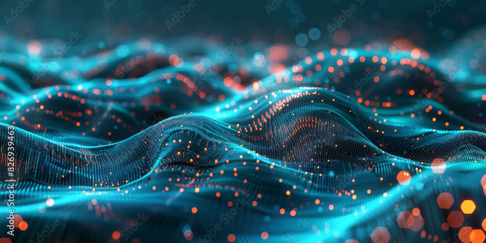 Poster 3d dark green blue neon lines wave dots representing digital binary data. concept for big data, deep