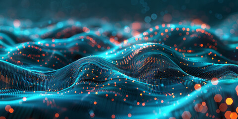 3d dark green blue neon lines wave dots representing digital binary data. Concept for big data, deep machine learning, artificial intelligence, business technology ,futuristic.banner