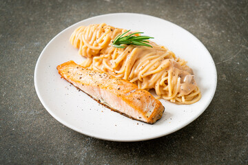 grilled salmon with spaghetti creamy tomato sauce