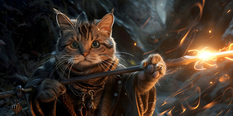 Adorable Cat Dressed in Costume Holding a Magical Glowing Sword, Charming Cat in Clothes