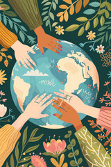 Multicultural Female Activists Joining Hands Around Earth, Promoting Environmental Protection and Sustainability for Earth Day