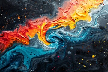 Obraz premium Using acrylic paints, apply layers of color with deliberate brushstrokes or fluid pours, allowing the dark background to peek through in areas for depth and dimension.