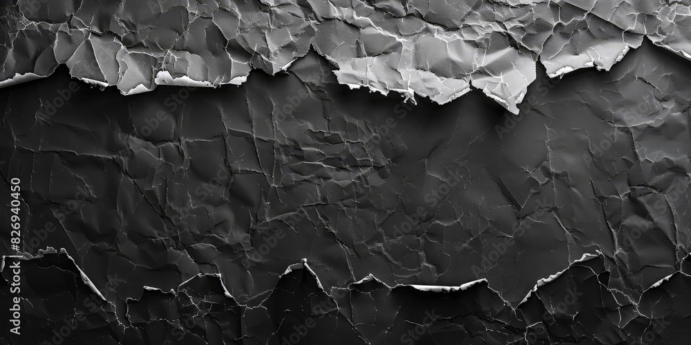 Poster a black background with ripped paper edges,torn black paper revealing a dark background creating a d