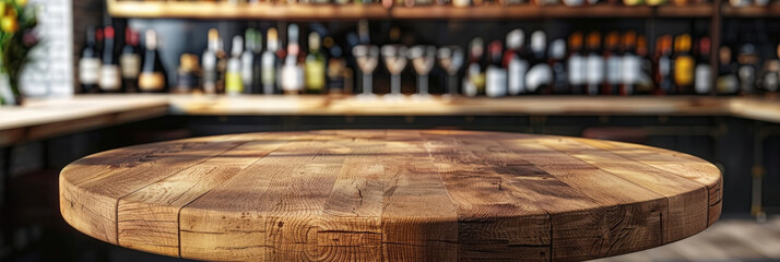 Fototapeta premium Empty beautiful round wood tabletop counter on winebar background, for display, Banner, for product montage. Round wooden table in a rustic bar setting