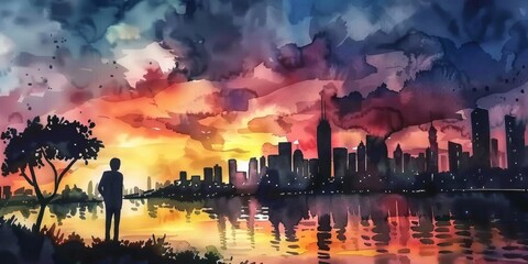 A watercolor painting of a city skyline in background, sunset colors, romantic mood, dreamy atmosphere. Water color, soft brush strokes, pastel hues