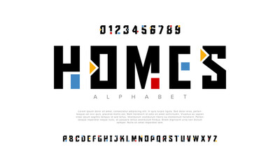 Homes creative geometric modern urban alphabet font. Digital abstract futuristic, fashion, sport, minimal technology typography. Simple numeric vector illustration