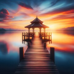 Obraz premium A tranquil scene featuring a wooden pier leading out to a gazebo over calm water, during sunset generated by ai