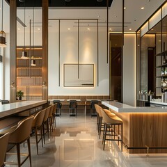 interior design of a modern contemporary restaurant with clean lines, minimalist aesthetic and neutral color tones 
