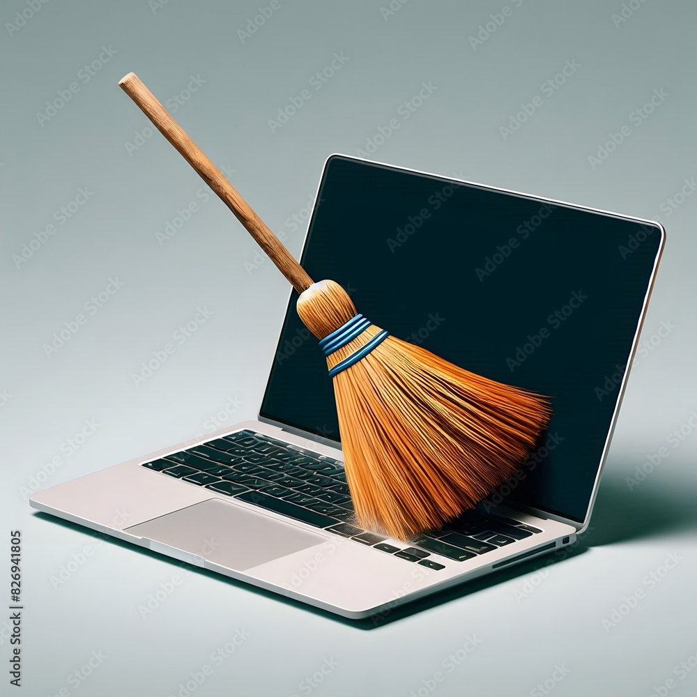 Poster a modern electronic device, such as a laptop, with an unexpected object emerging from its screen gen