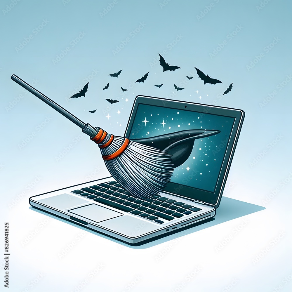 Poster a modern electronic device, such as a laptop, with an unexpected object emerging from its screen gen