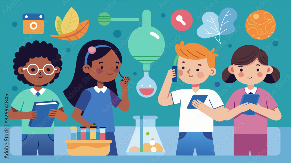 Poster With curiosity and wonder students explore a sensory exhibit touching smelling and listening to different objects and materials while learning about. Vector illustration
