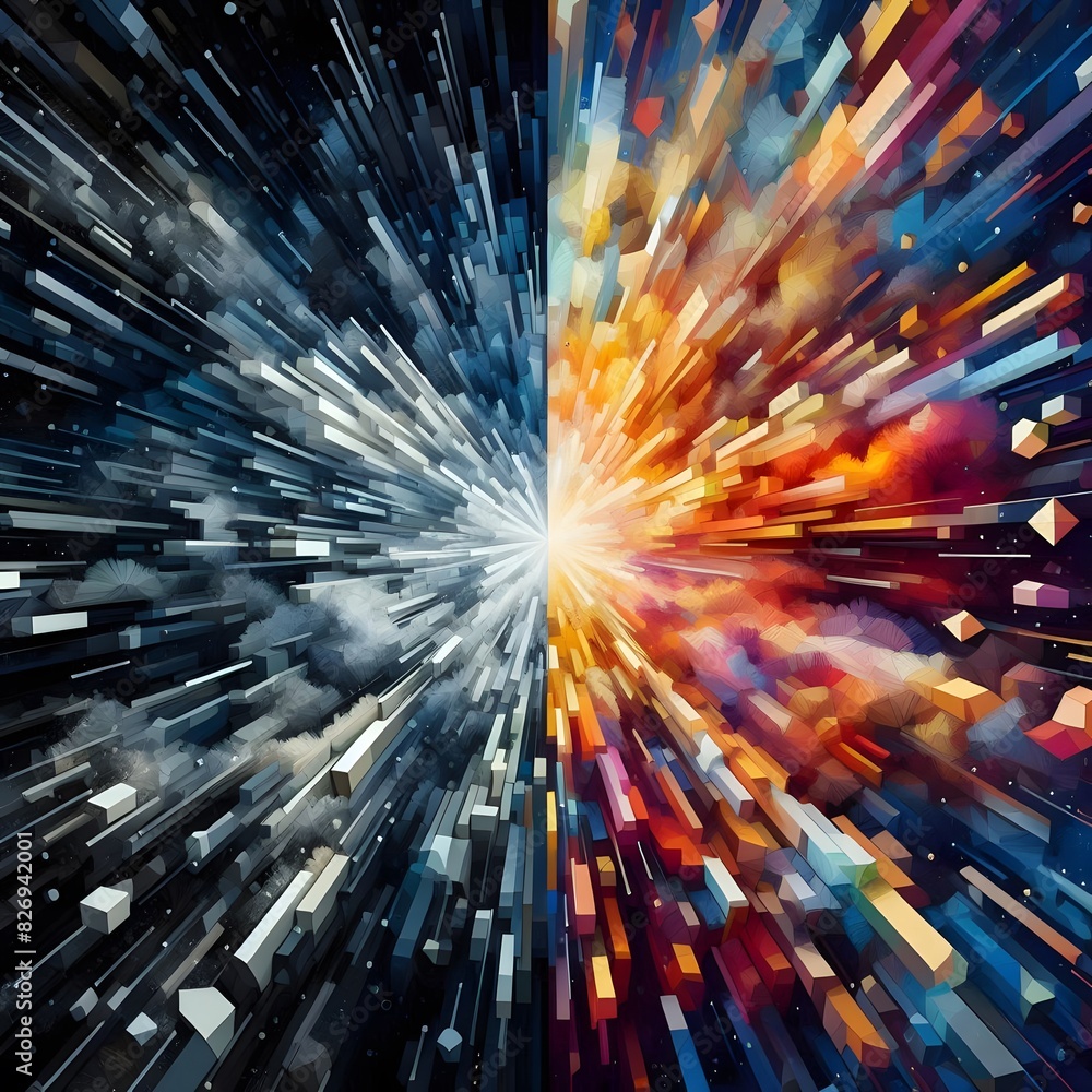 Poster a dynamic and abstract explosion of geometric shapes, with a central point of vibrant color contrast
