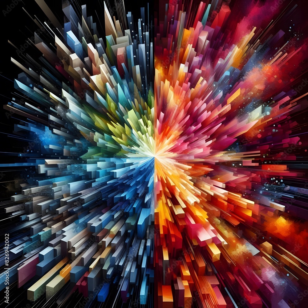 Poster a dynamic and abstract explosion of geometric shapes, with a central point of vibrant color contrast