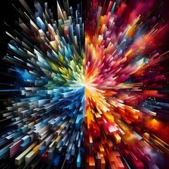 A dynamic and abstract explosion of geometric shapes, with a central point of vibrant color contrast that radiates outwards into cooler tones generated by ai