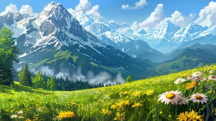 Grass Field and Mountains wallpaper. Mountainous Grass Field Landscape. Grass field with mountains against a backdrop of blue sky and white clouds. Mountains wallpaper.