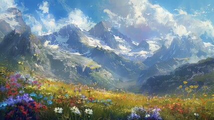 Grass Field and Mountains wallpaper. Mountainous Grass Field Landscape. Grass field with mountains against a backdrop of blue sky and white clouds. Mountains wallpaper.