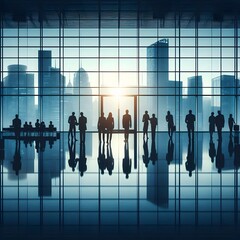Image of A modern office environment with silhouettes of business professionals in various activities such as walking generated by AI printed on Printed Glass Splashbacks