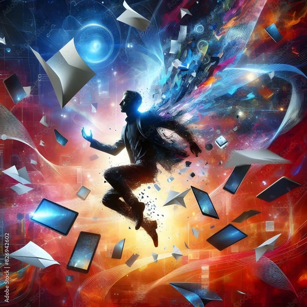 Poster a person in a dynamic pose, surrounded by flying papers and digital devices generated by ai
