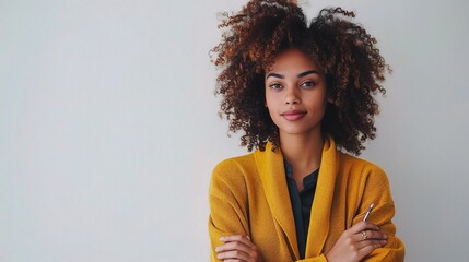 business woman in a yellow cardigan and black pants, holding a pen, against a white background - Powered by Adobe