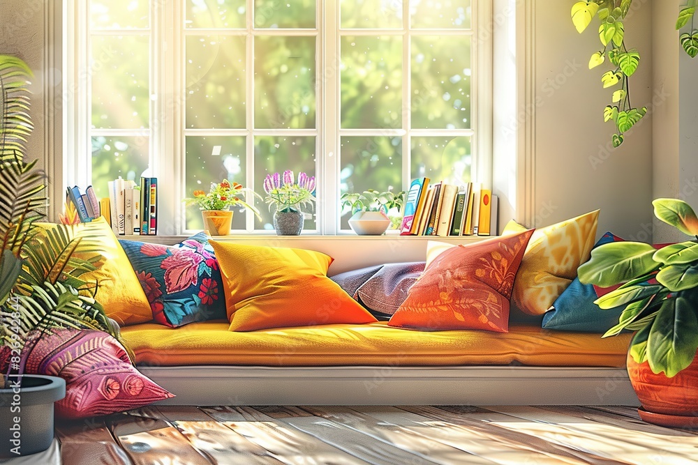 Wall mural Colorful and cozy reading nook illustration with vibrant cushions by a sunny window