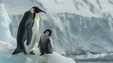 Obraz premium Loving Penguin Family on Iceberg with Chick Amidst Stunning Polar Landscape