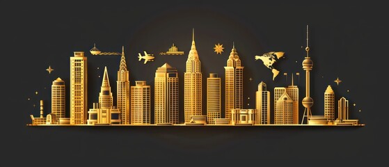 gold world cityscape, minimalist Illustration isolated on a black background