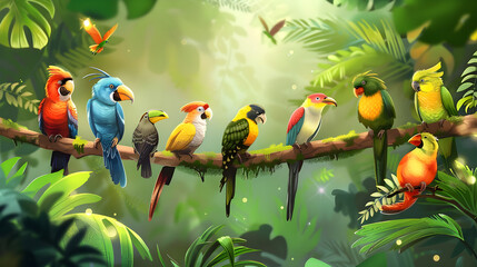 Exotic Parrots on Lush Rainforest Tree Branch with Blooming Flowers