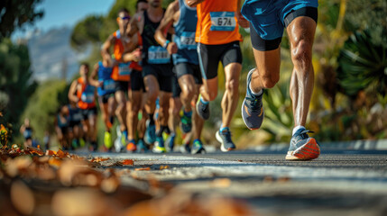 Fototapeta premium Group of sports people running marathon on asphalt road