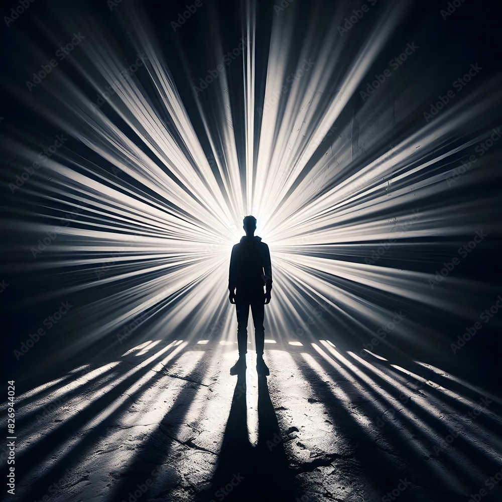 Poster a silhouette of a person standing in front of a light source with beams of light generated by ai