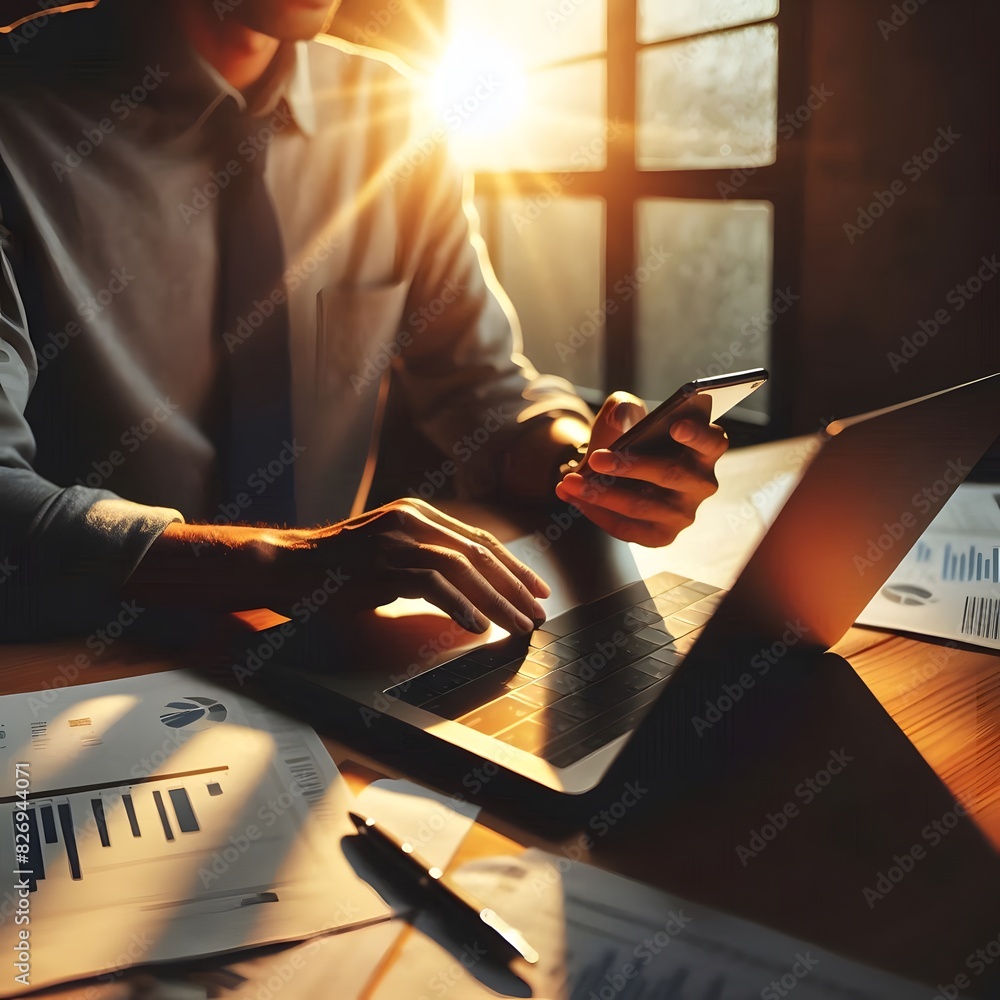 Poster a person sitting at a desk with a laptop open in front of them generated by ai