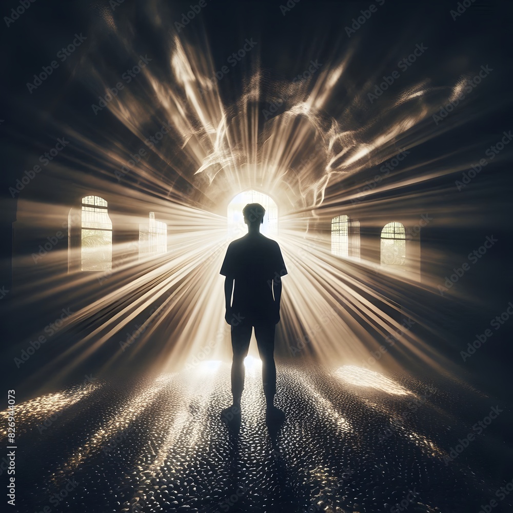 Poster a silhouette of a person standing in front of a light source with beams of light generated by ai