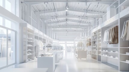interior modern design of a clothing store in white predominant color and nice ambient light
