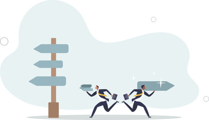 smart businessman walk with simple arrow while other with too many arrow ways.flat vector illustration.