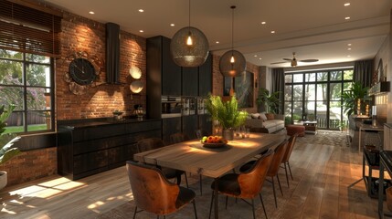 Fototapeta premium VR simulation of a contemporary dining room design, with stylish decor and lighting effects Generative AI