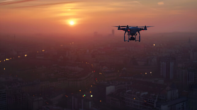 A drone hovering over the city in the evening at sunset. Modern cities embody the technology and urban concept