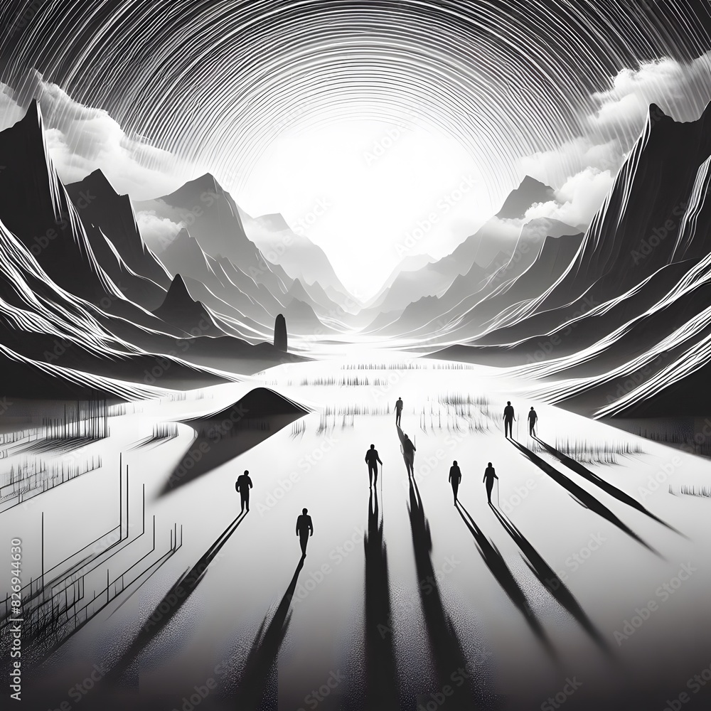 Poster a monochromatic landscape with a high contrast between light and shadow generated by ai