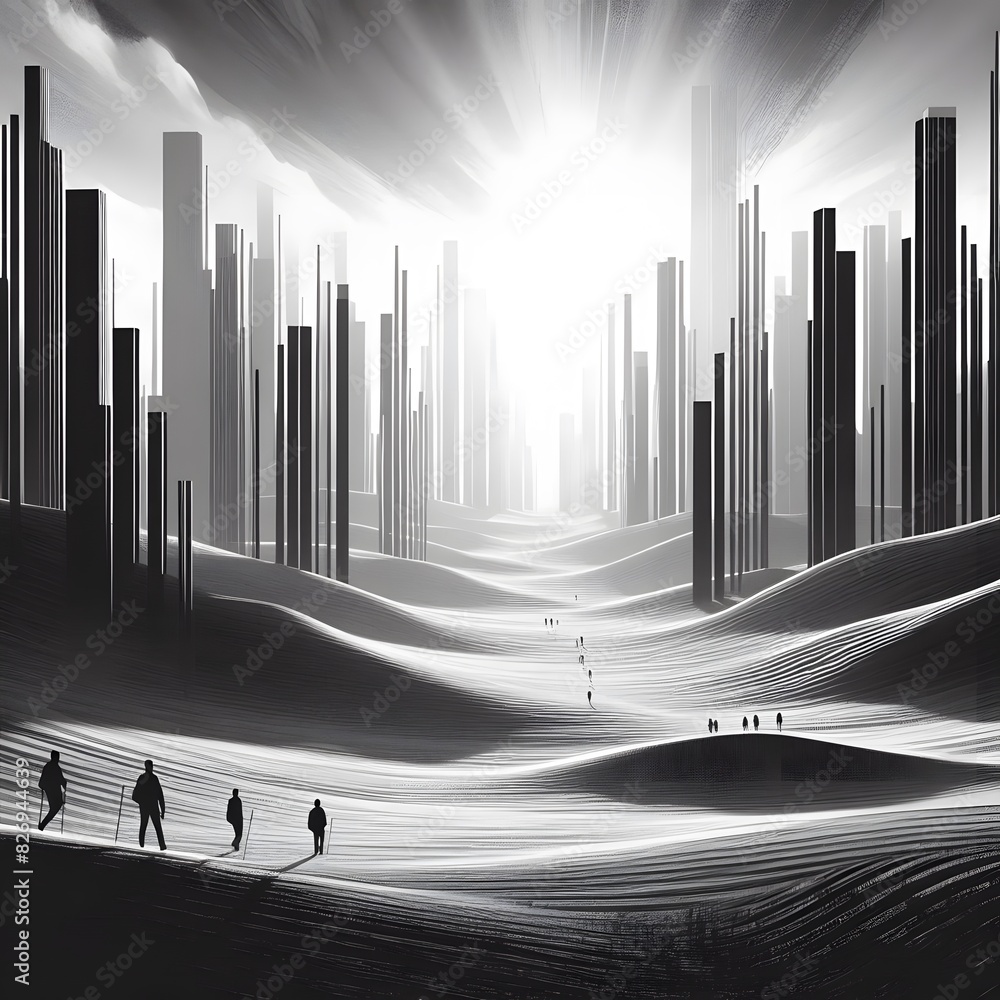 Poster a monochromatic landscape with a high contrast between light and shadow generated by ai