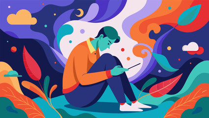 A patient dealing with depression finds solace in painting colorful abstract pieces allowing their mind to wander and emotions to flow freely without. Vector illustration