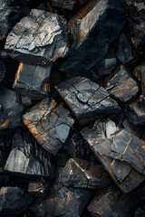 Detailed Close-up of Raw Coal Chunks with Varying Textures and Shades for Industrial Use