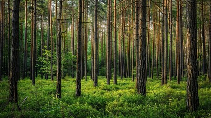 Realistic photography of coniferous forest. Abstract background of a northern forest